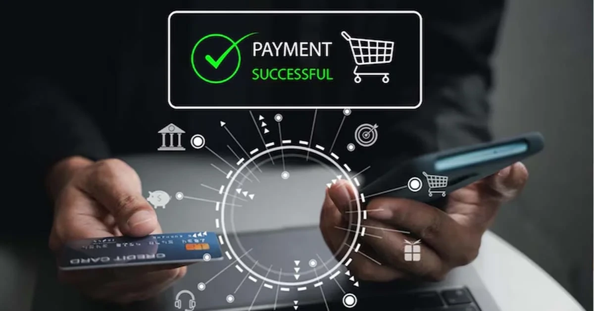Person holding a credit card and phone with a digital "Payment Successful" notification and shopping icons.