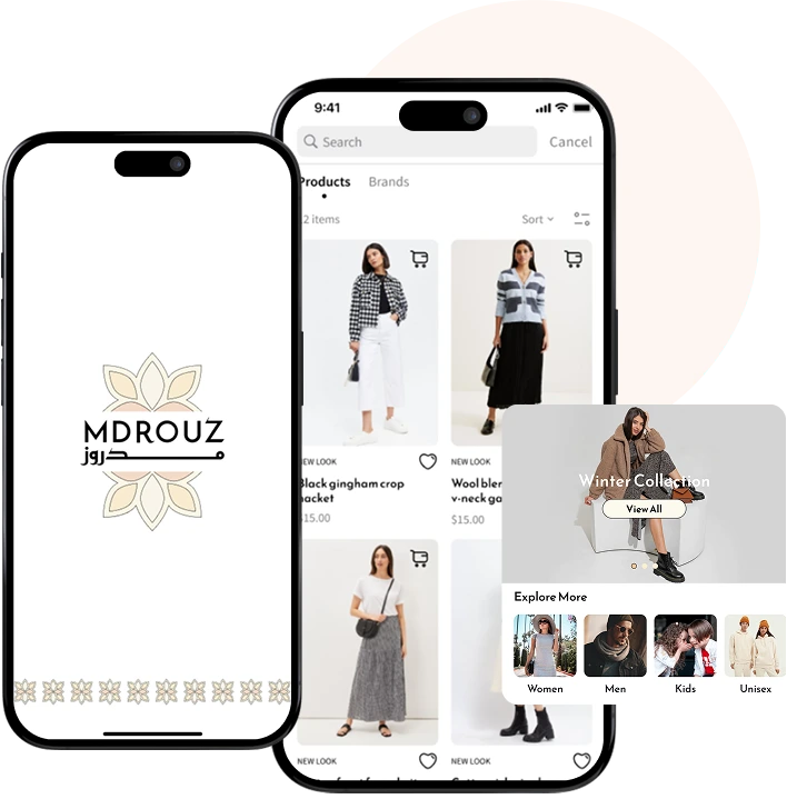 MDROUZ mobile app UI showing the brand logo and a shopping interface with a "Winter Collection" banner and category icons.