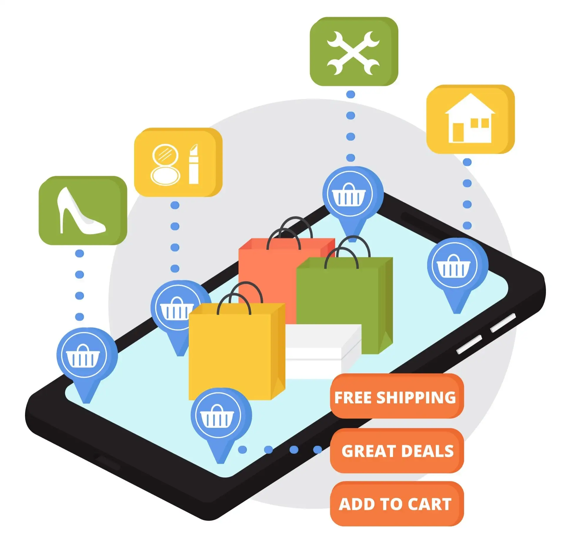 Smartphone illustration with shopping bags, category icons for shoes and home, and buttons for "Free Shipping" and "Great Deals".