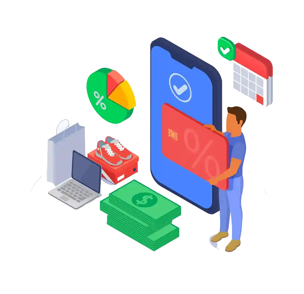 Isometric illustration of a person holding a large red discount card next to a smartphone, surrounded by a laptop, shopping bags, cash, and a pie chart.